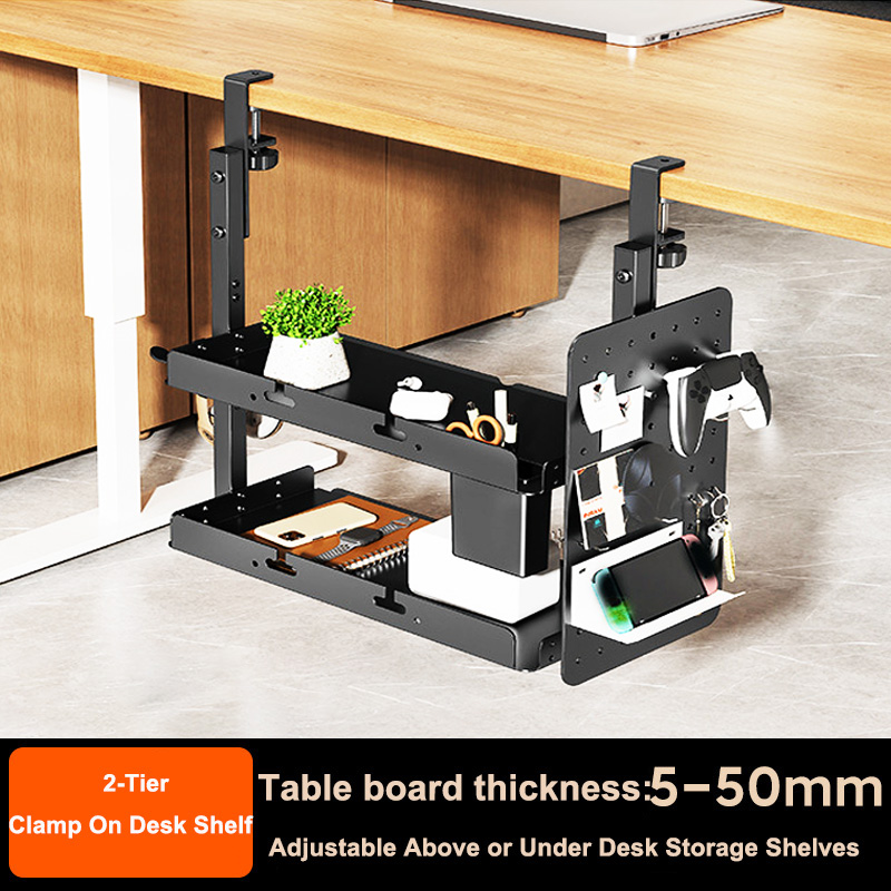 Gaming Console Desk - クランプ式14インチデスク上・下2段棚ユニット、テーブルアクセサリー、ゲーム機器、その他の収納トレイ、デスクトップオーガナイザー
