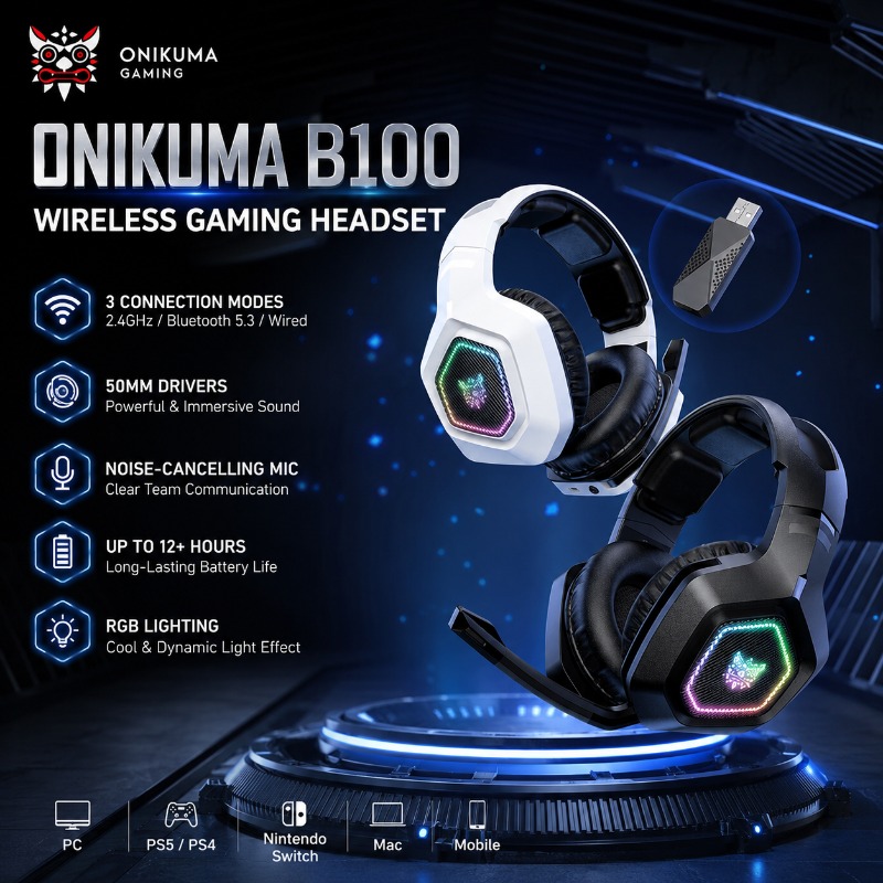 Gaming Console In Amazon - ONIKUMA B100 ワイヤレスゲーミングヘッドセット 2.4GHz Bluetooth 5.3