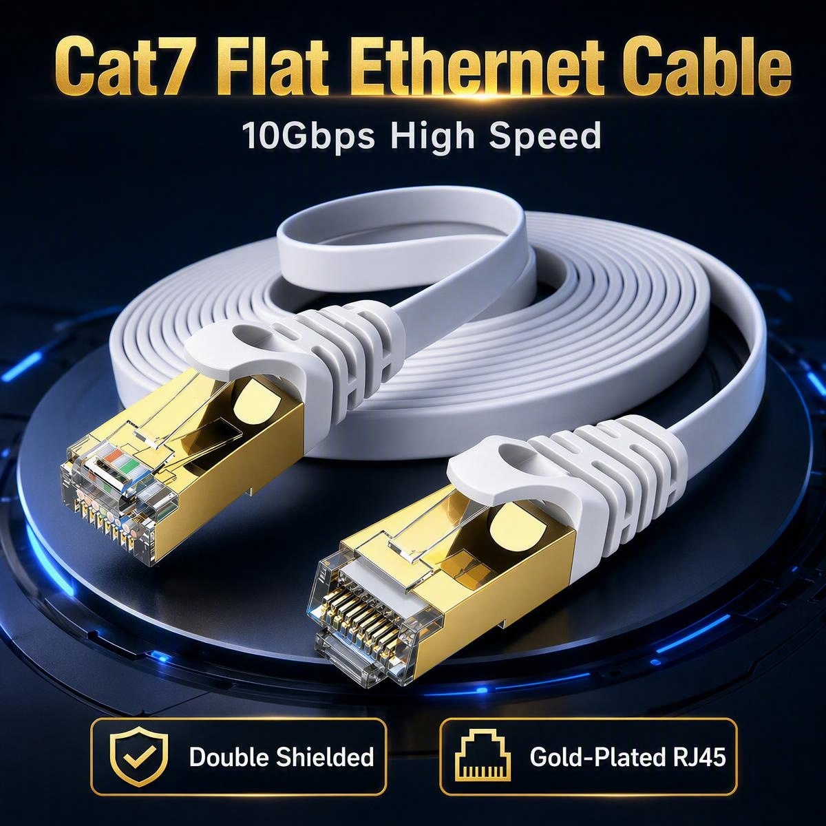 Lan Cable Gaming - Cat7フラットイーサネットケーブル 10Gbps ダブルシールド ホワイト 金メッキRJ45 LANパッチコード
