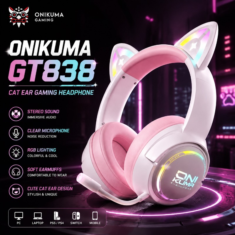 ONIKUMA GT838 ゲーミングヘッドセット猫耳 RG - Gaming Console In Amazon のレビューと価格